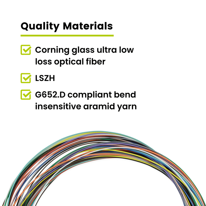 12-color fiber optic pigtail cable made with Corning ultra low-loss fiber, LSZH jacket, and bend-insensitive aramid yarn.