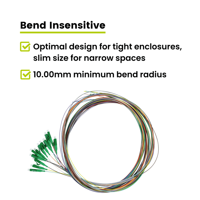 12-color fiber optic pigtail cable with bend-insensitive design and 10mm minimum bend radius for tight installations.