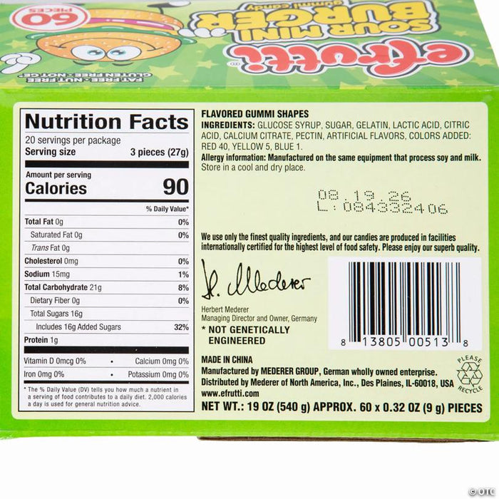 21 oz. Efrutti® Mini Burger Sour Gummy Candy – 60 Pc. - Soft & Chewy Candy OTC wholesale supplier A1 main