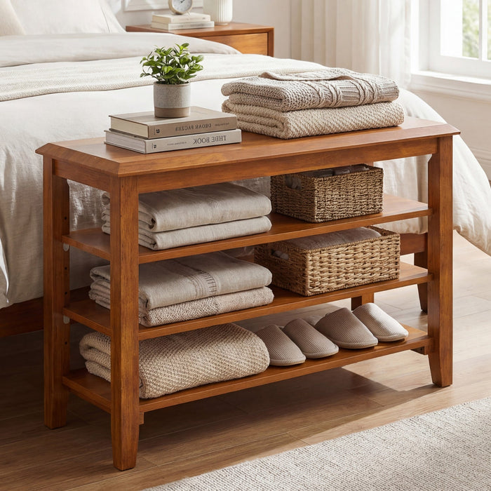 31.5" Solid Wood Shoe Rack Bench with Adjustable Shelves