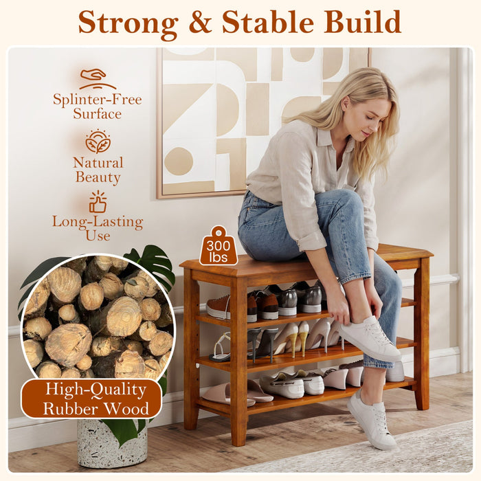 31.5" Solid Wood Shoe Rack Bench with Adjustable Shelves