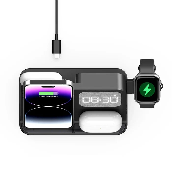 4-in-1 Desktop Wireless Charging Station with Digital Clock — 15W Qi, USB-A Port