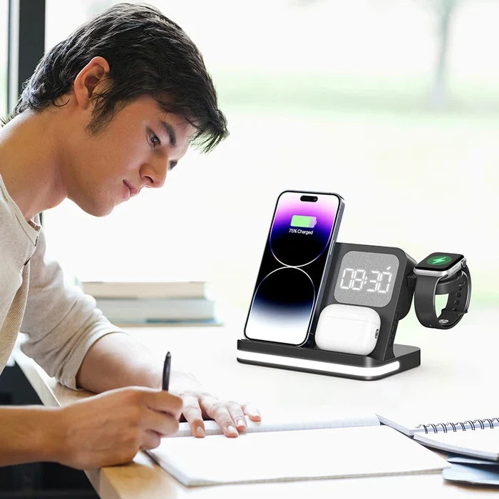 4-in-1 Desktop Wireless Charging Station with Digital Clock — 15W Qi, USB-A Port