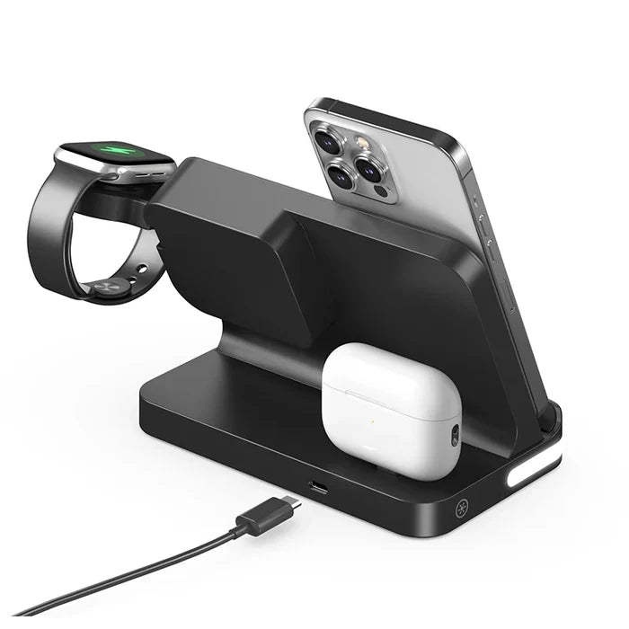 4-in-1 Desktop Wireless Charging Station with Digital Clock — 15W Qi, USB-A Port