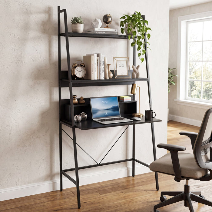 71" Freestanding Ladder Desk with 4 Open Shelves