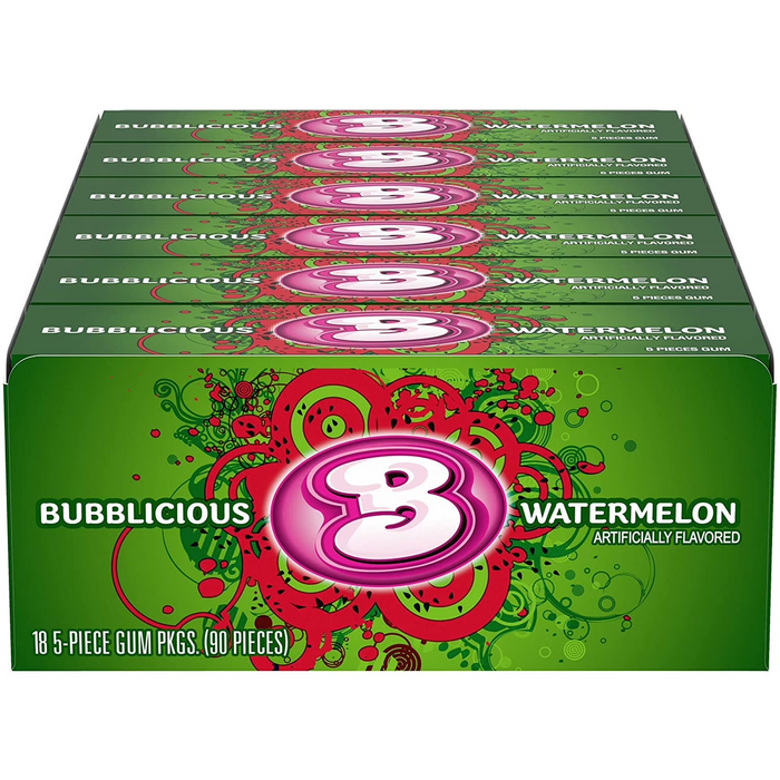 Bubblicious Watermelon Bubble Gum — Wholesale Master Case, 8 Boxes × 18 Packs (144 Packs / 720 Pieces) - Candy & Gum Bubblicious wholesale supplier A1 main