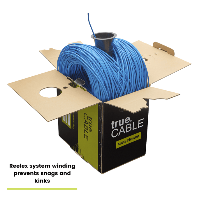 The "trueCABLE" box with a blue cable partially pulled out, showing ease of use for preventing tangles, labeled "Resets system winding prevents snags and kinks."