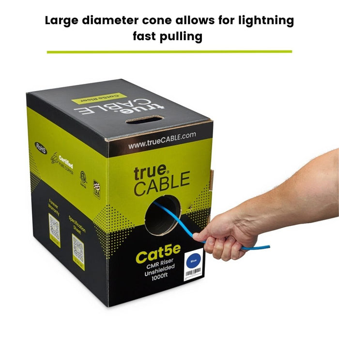 trueCABLE Cat5e Riser Ethernet Cable 1000ft Reel Blue Hand Pulling Cable