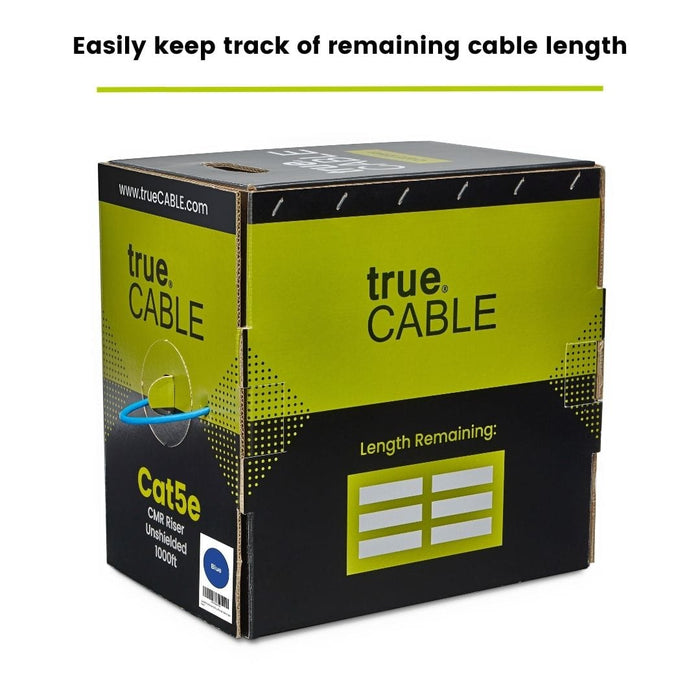 trueCABLE Cat5e Riser Ethernet Cable 1000ft Reel Label for Length Remaining Blue