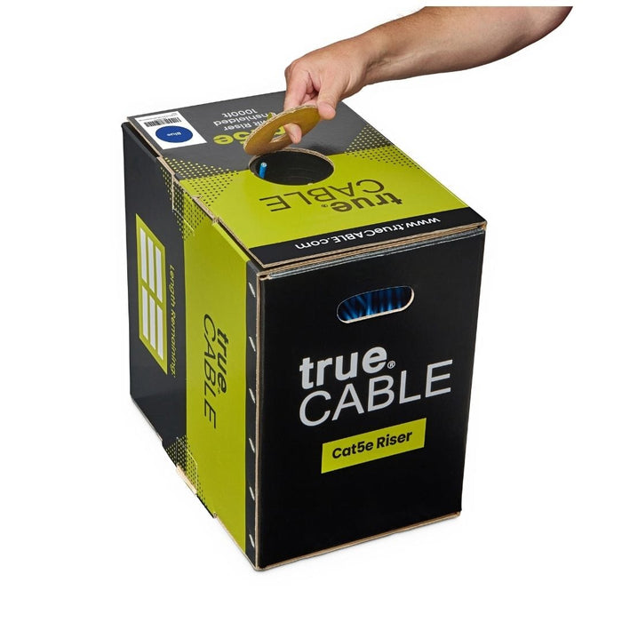 trueCABLE Cat5e Riser Ethernet Cable 1000ft Reel Box Opening Blue