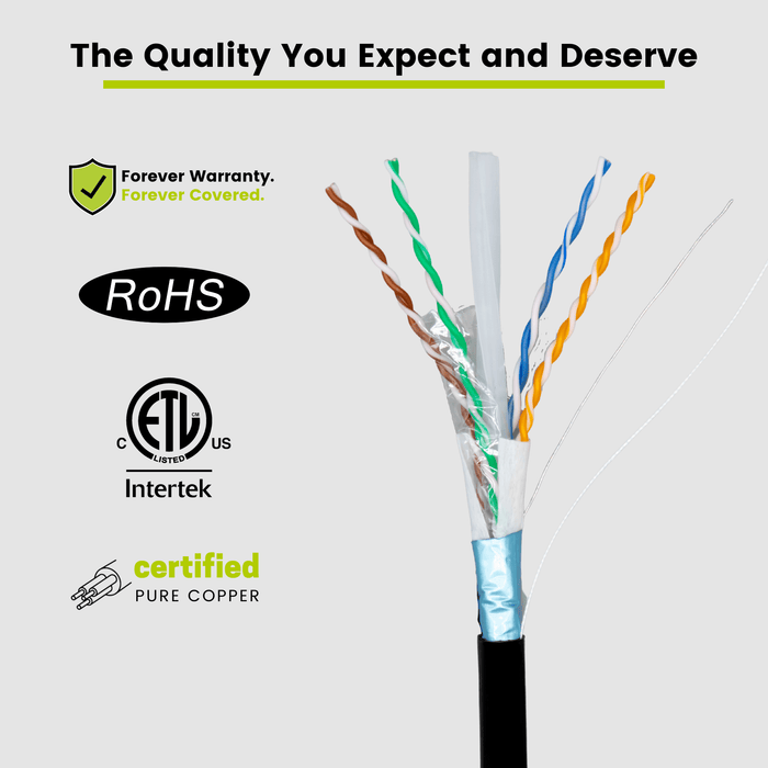 Cat6A Shielded Direct Burial Ethernet Black 1000ft trueCABLE Closeup