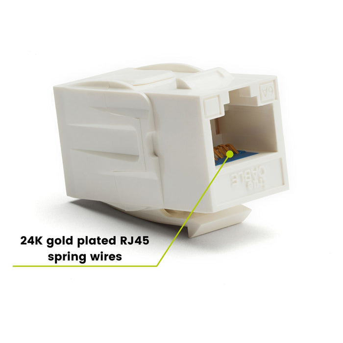 Cat6A Keystone Jack Couplers | Unshielded | 2 Piece | White | 24K gold plated spring wires