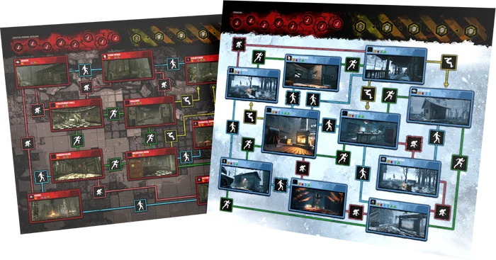 Two game maps with detailed layouts and icons on a white background