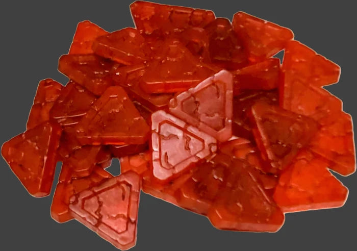 Red triangular tokens on a white background