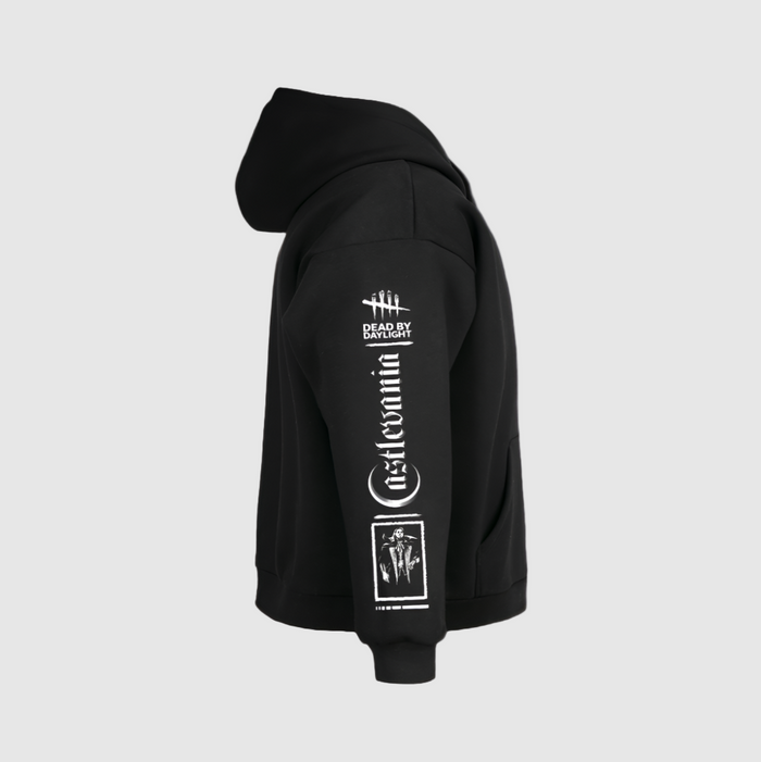 Black hoodie with white graphics and text on a white background