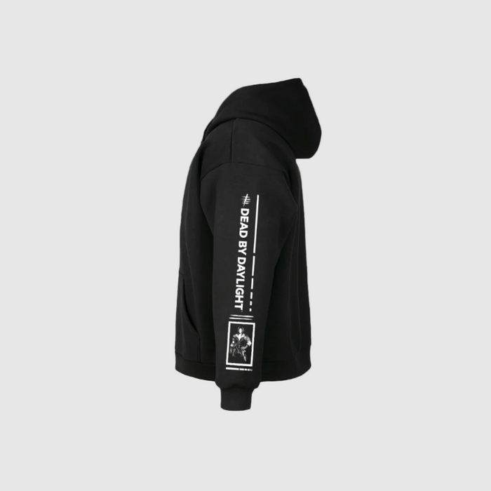 Black hoodie with white text and graphics on a white background - side view