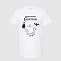 White t-shirt with black graphics and text on a black background