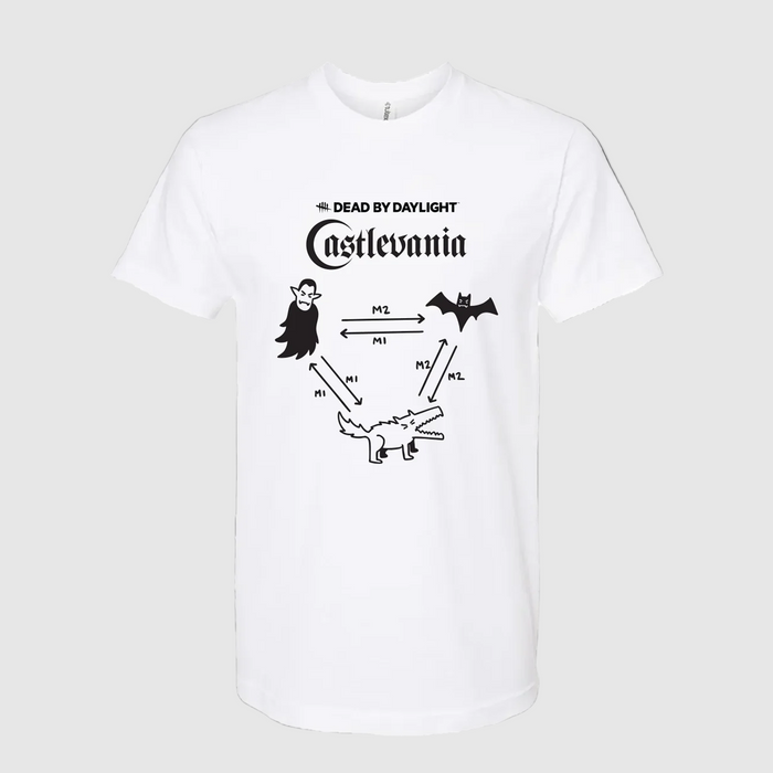 White t-shirt with black graphics and text on a black background