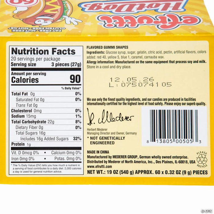 Efrutti® Hot Dog Gummi Candy - 60 Pc. - Novelty Candy OTC wholesale supplier A1 main