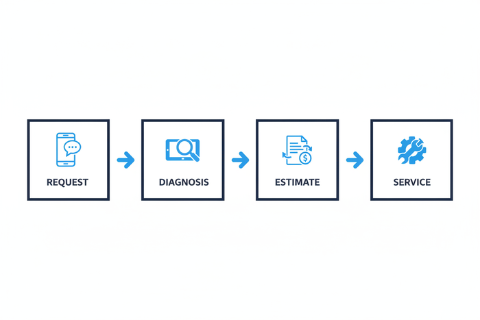 4-step emergency repair process: submit request, device diagnosis, receive estimate, and service completion