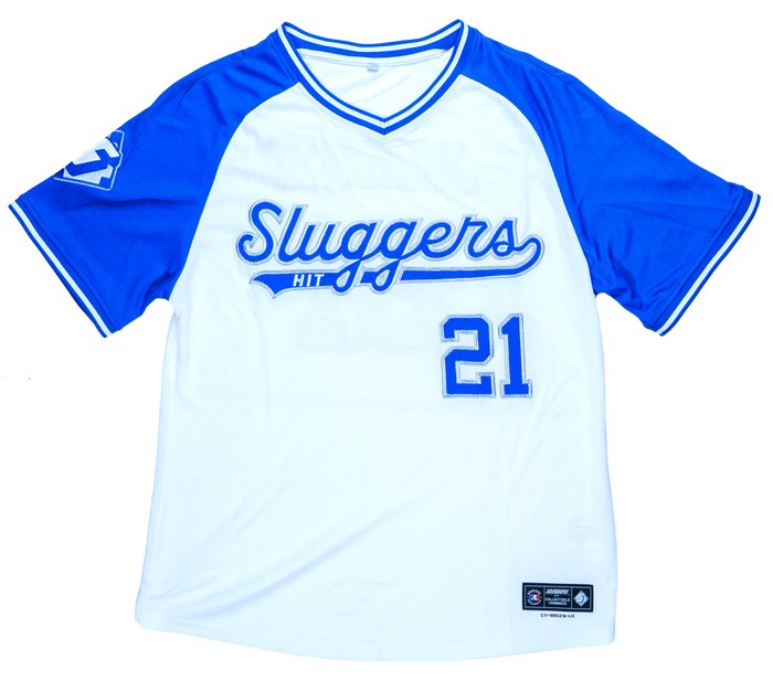 Sluggers white blue baseball jersey front