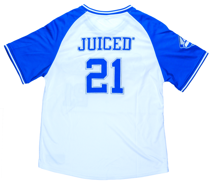 Sluggers while blue baseball jersey back