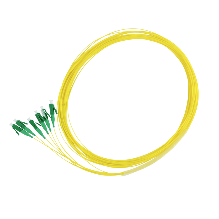 Yellow fiber optic cable with green connectors on a white background
