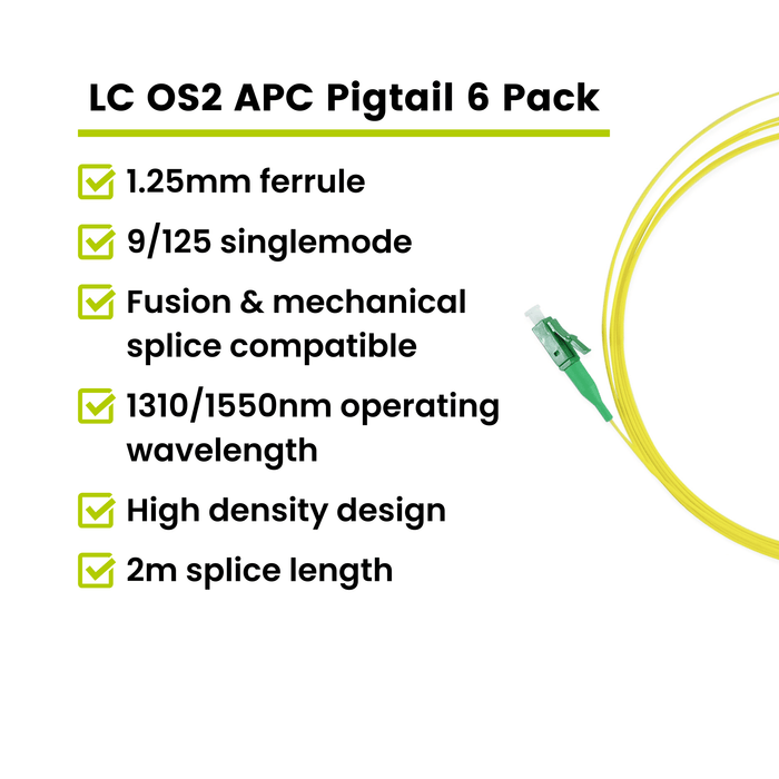 LC OS2 APC Pigtail 6 Pack with specifications on a white background