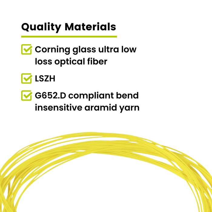 Fiber optic cable made with Corning ultra low-loss glass fiber, LSZH jacket, and G652.D bend-insensitive aramid yarn.
