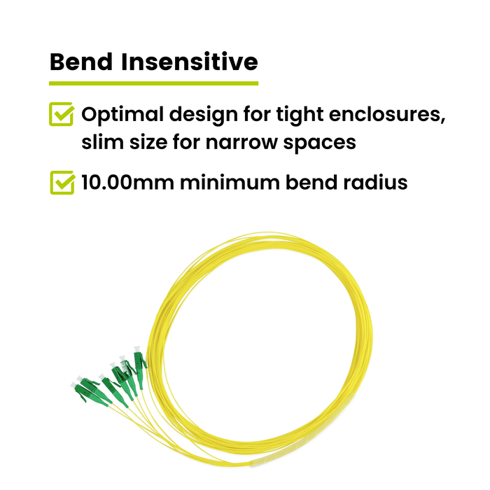 Fiber optic pigtail cable with green LC APC connectors, featuring bend-insensitive design and 10mm minimum bend radius.