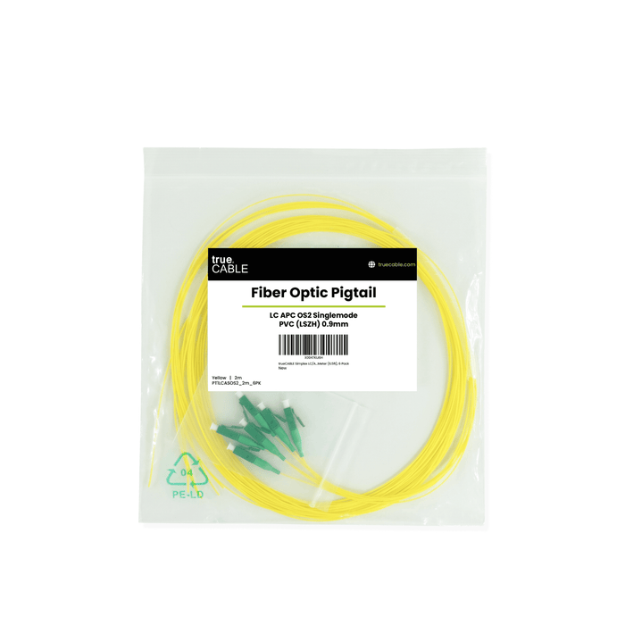 Yellow fiber optic pigtail cable bundle with green LC APC connectors, singlemode OS2 fiber, packaged in a clear bag.