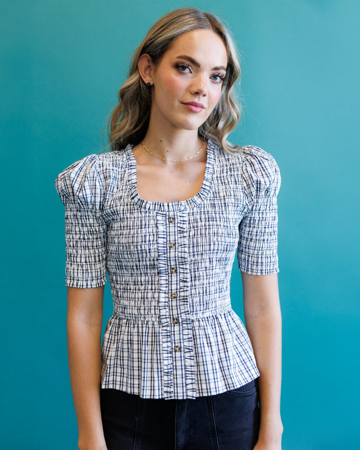Oxford Top — Smocked Peplum Blouse