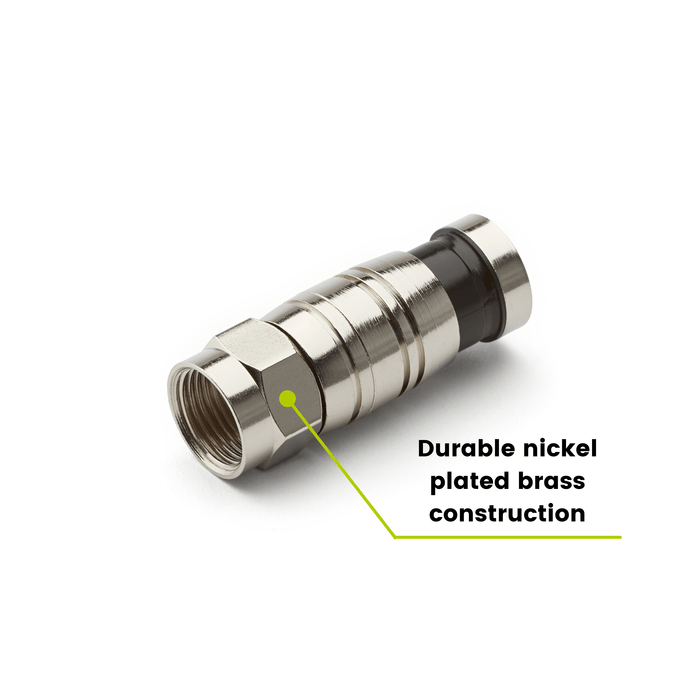 RG6 f connector, durable nickel plated brass construction, close up, 10 piece