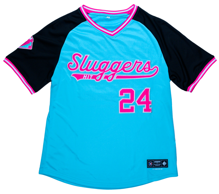 Sluggers blue pink baseball jersey front