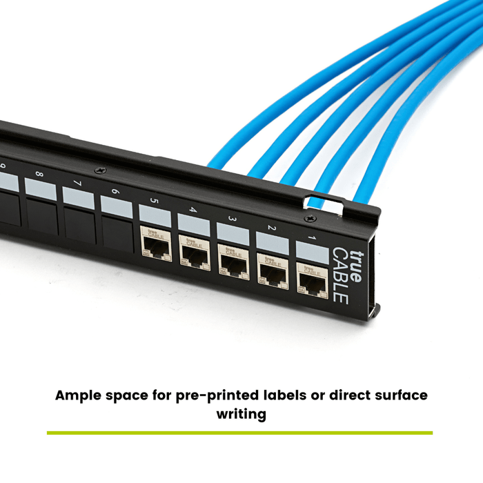 trueCABLE patch panel featuring ample space for pre-printed labels or direct surface writing, optimizing cable management.