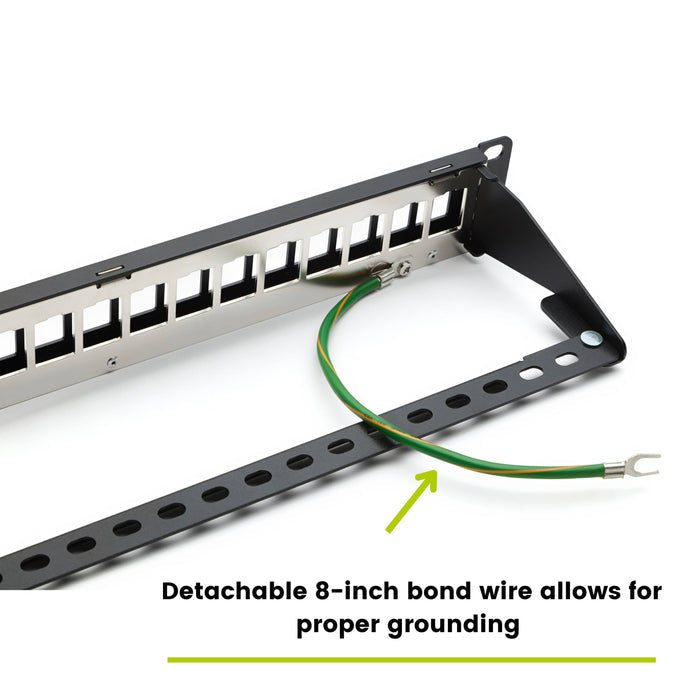 Detachable 8-inch bond wire for proper grounding on black shielded patch panel