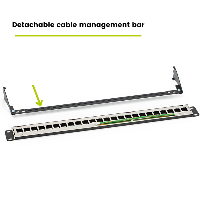 shielded 24 port patch panel Detachable cable management bar on a white background