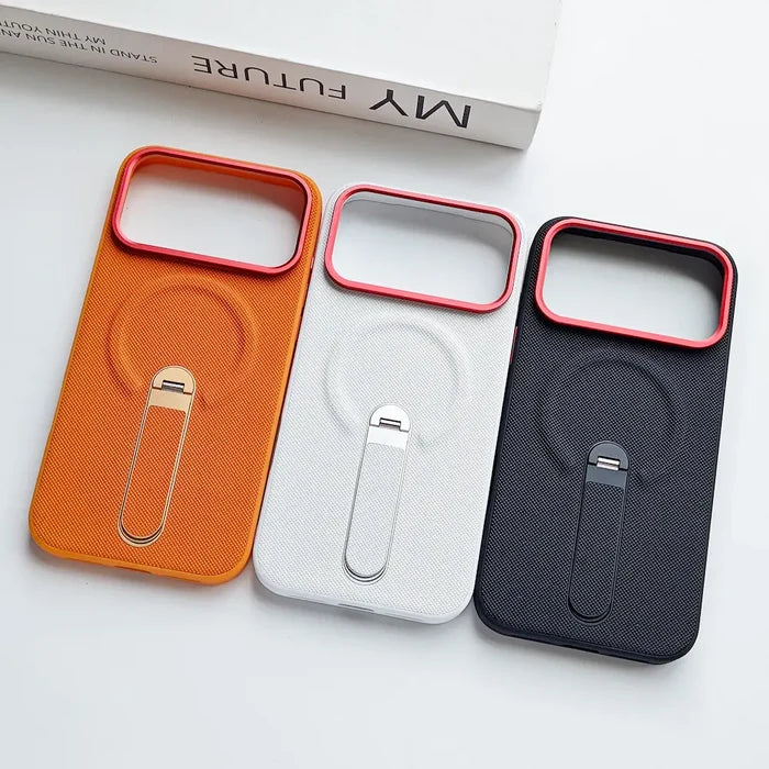 1:1 official textured fabric Phone case with hidden foldable metal kickstand, 3 colorways orange white black, red metal camera frame anti-slip woven phone cover