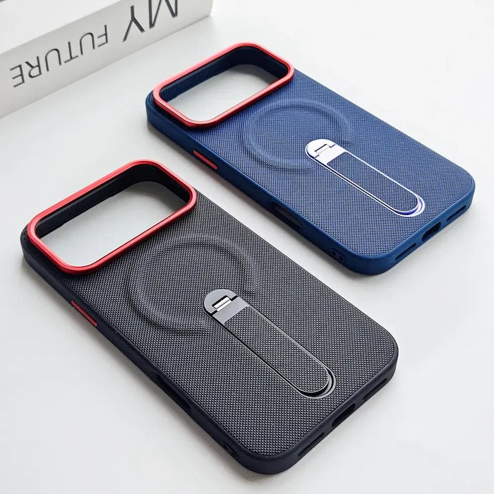 Navy blue and black woven fabric magnetic phone case for iPhone, built-in retractable stand, contrast red camera bezel anti-drop case