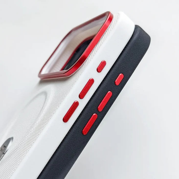 Close-up view of iPhone fabric magnetic case side, bright red metal independent buttons, textured anti-slip surface, raised red camera frame detail
