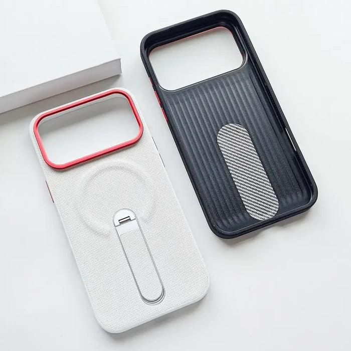 Split view of woven fabric kickstand phone case, inner carbon fiber shock-absorbing lining, full circle magnetic wireless charging ring