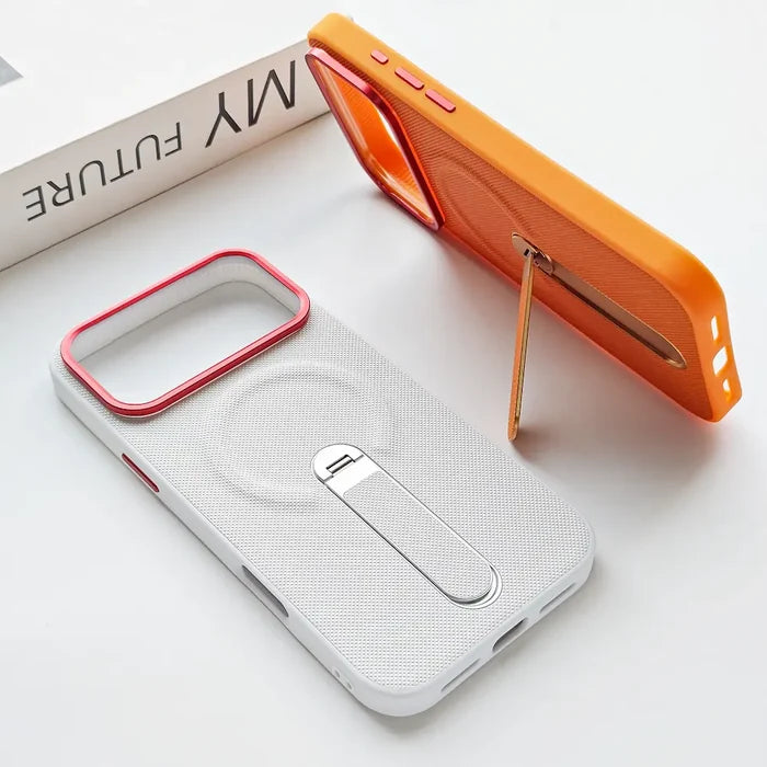 Orange fabric magnetic case propped up by hidden foldable metal stand, hands-free horizontal viewing design, anti-slip diamond grain texture
