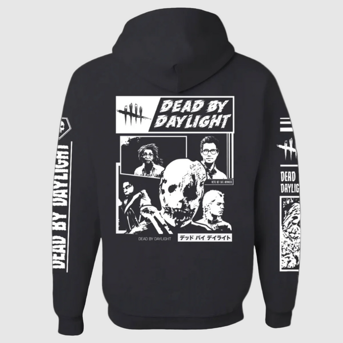 Black hoodie with 'Dead by Daylight' text and character illustrations on the back