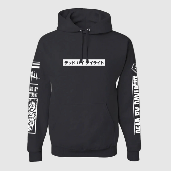 Black hoodie with white text and graphics on a white background