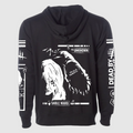 Black hoodie with a graphic print of a character from the game Dead by Daylight, named 'The Unknown', with white and gray design elements on the front and sleeves.