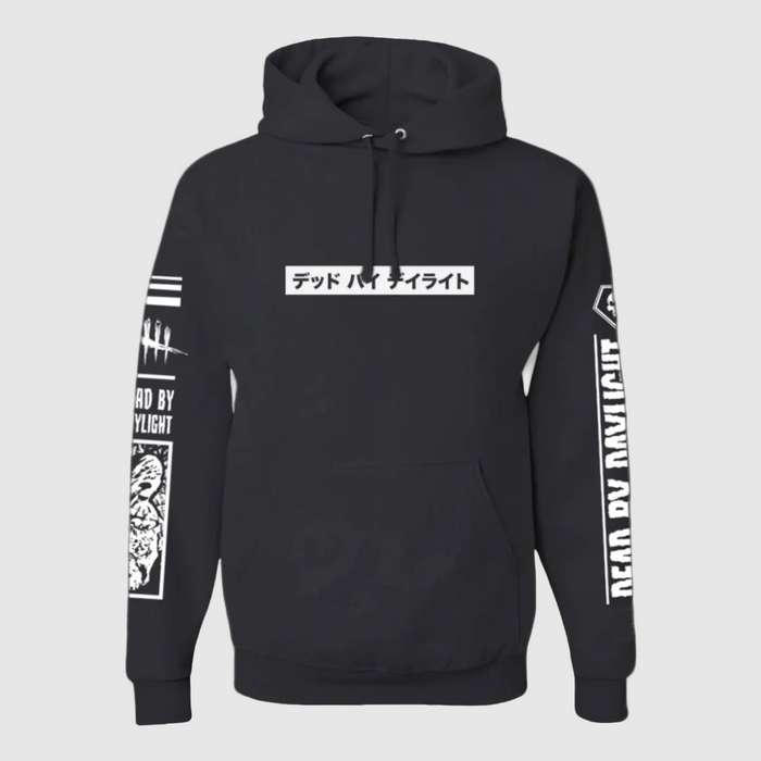 Dead by Daylight Black hoodie with white text and graphics on a white background
