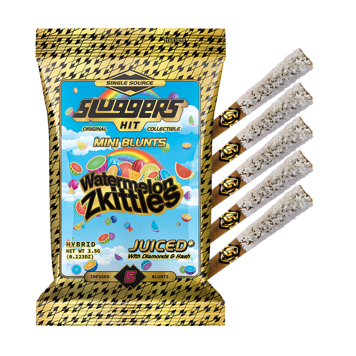 Sluggers Mini Blunts Watermelon Zkittles hybrid 5-pack with checkered packaging and branded mini blunts