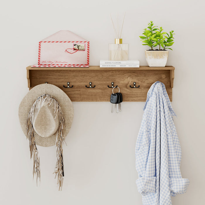 Wooden Wall Coat Rack with Shelf & 6 Hooks